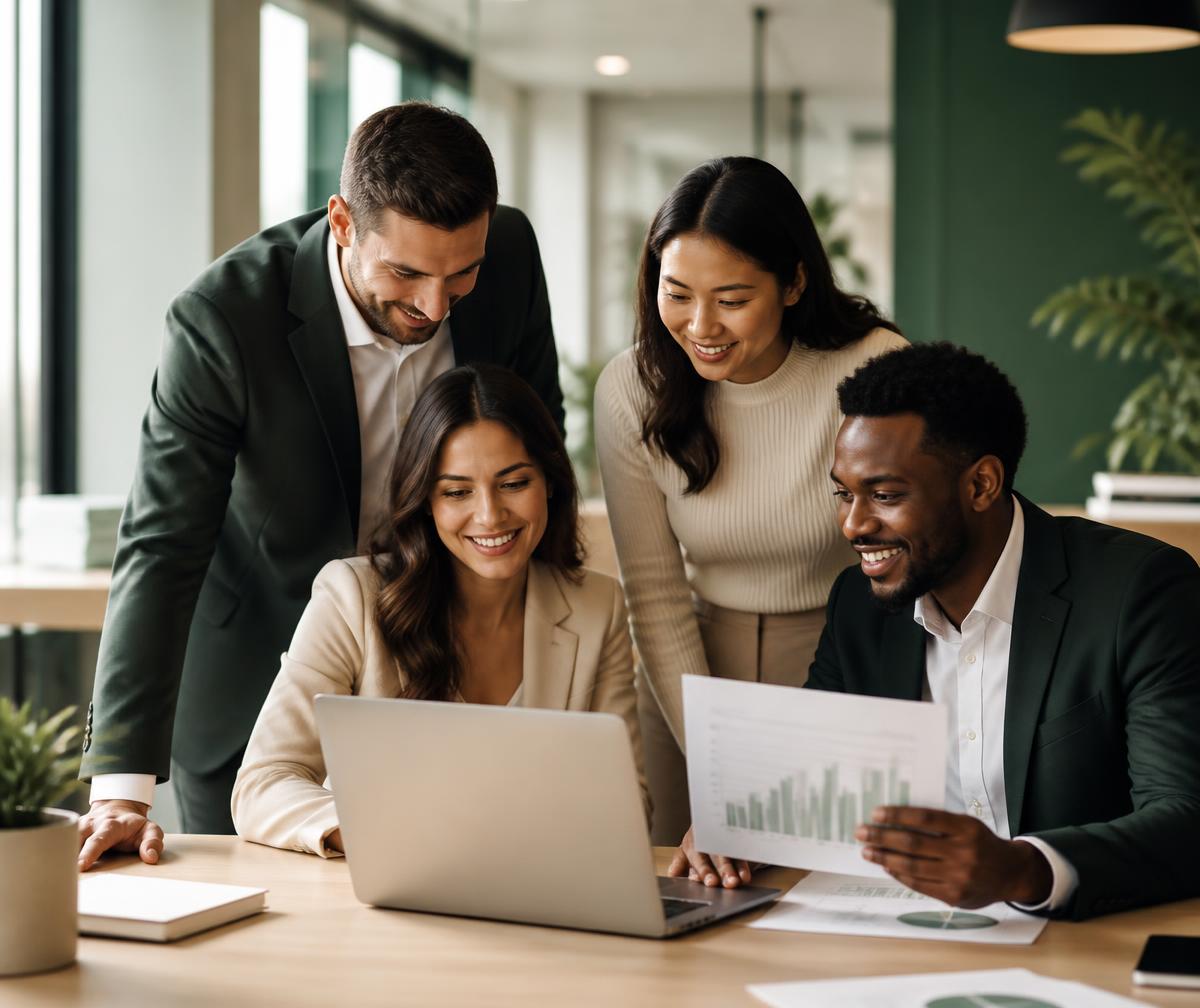 Sales team collaborating around a laptop in a bright office
